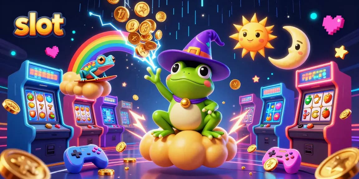 Spin vibrant slots with golden coins, a wizard frog, and a chameleon in dynamic 3D illustration.