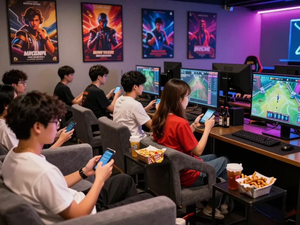 Engaged group placing bets in a lively esports betting scene Singapore.