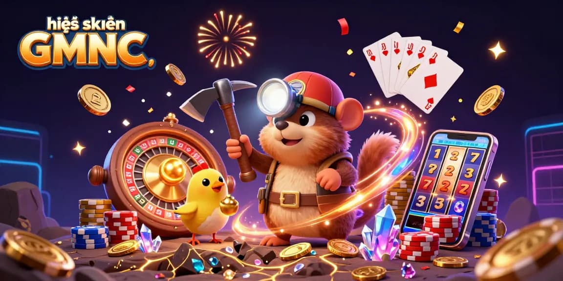 Experience the excitement of the hệ thống GMNC with a treasure-hunting scene filled with coins, gems, and casino elements.