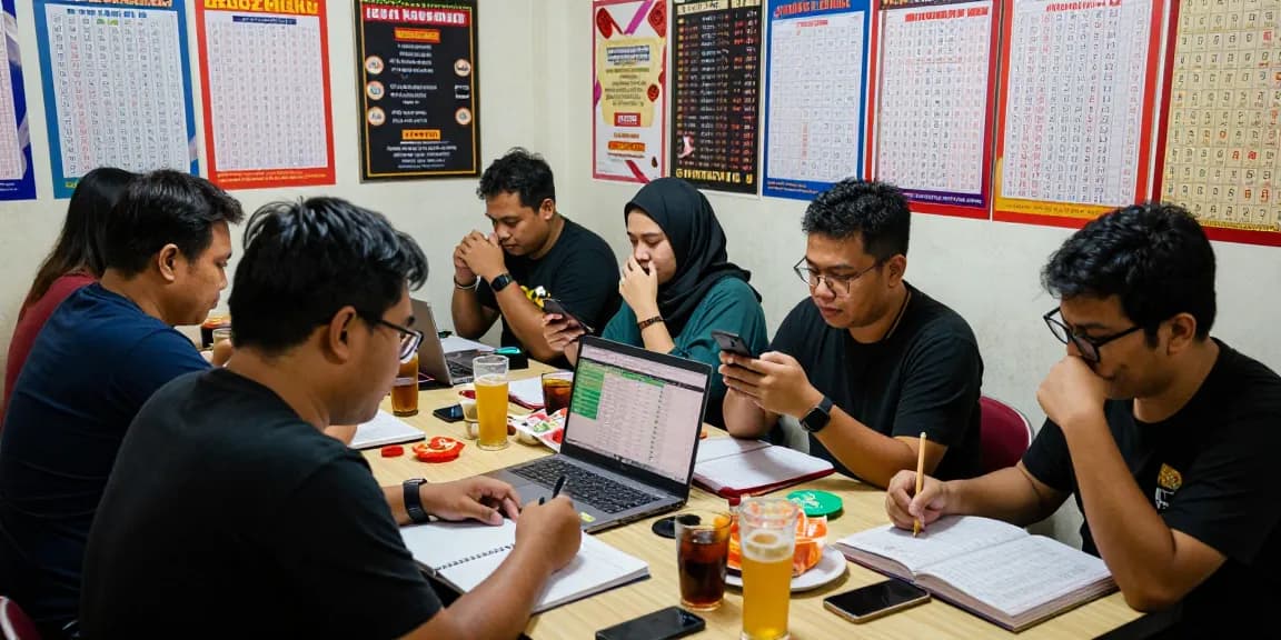 Pemain togel antusias menganalisis syair menang dan angka-angka dalam suasana penuh energi.