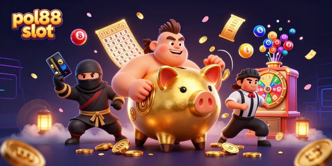 Mainkan pol88 slot dengan karakter lucu dan elemen kasino yang meriah dalam ilustrasi 3D yang dinamis.