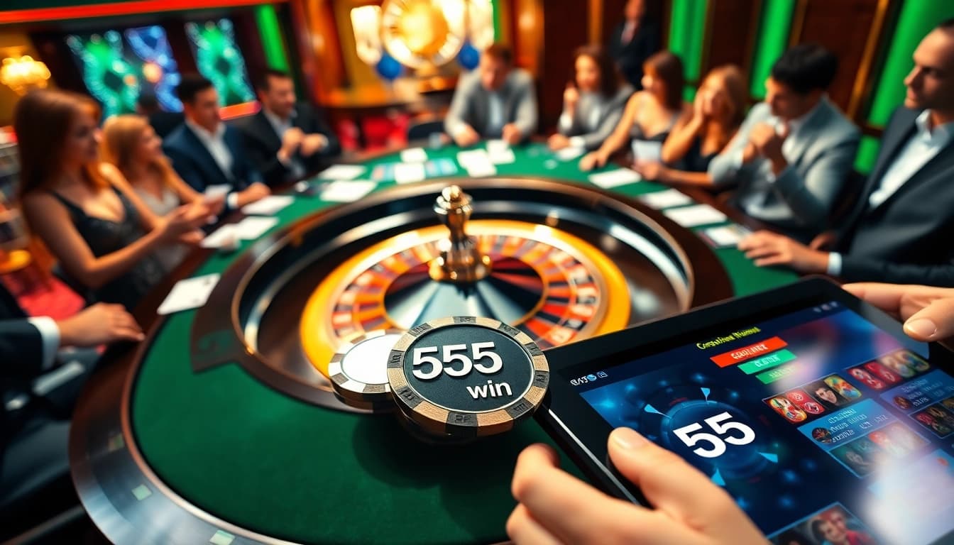 Experience the thrill of winning at 555win with vibrant poker chips and roulette action.