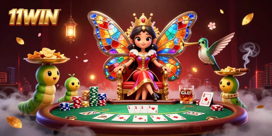 Experience thrilling gameplay with 11WIN featuring a colorful casino scene with cards and chips.