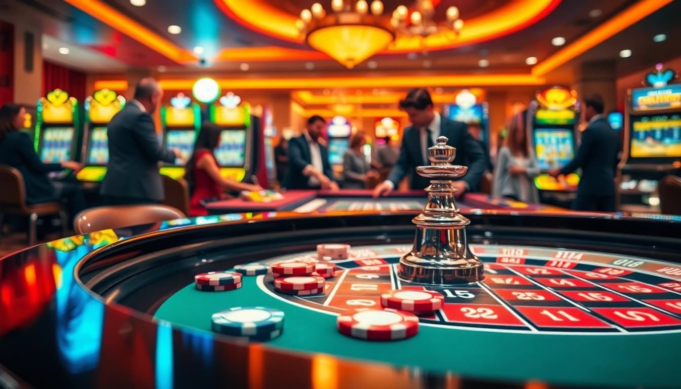 Menang dalam permainan kasino di bbni4d dengan suasana meriah dan meja roulette terperinci.