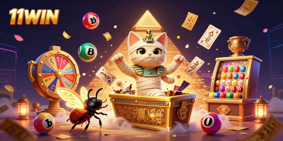 Engage with thrilling luck at 11WIN's vibrant lottery scene featuring a mummy cat and prize wheel.