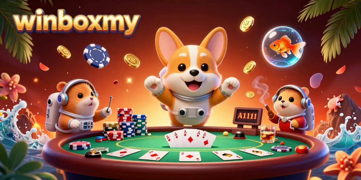 Join the excitement at winboxmy with a thrilling floating casino scene featuring vibrant visuals and engaging characters.