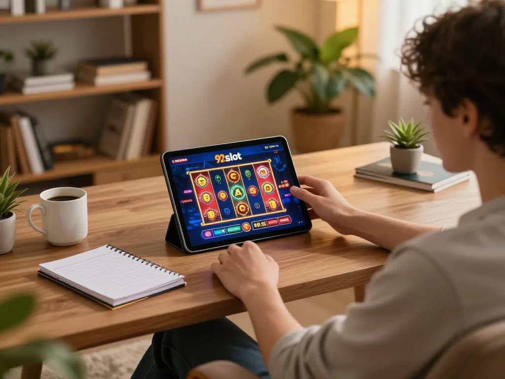 Play engaging slot games on 92slot com from the comfort of home, featuring a stylish online gaming setup.