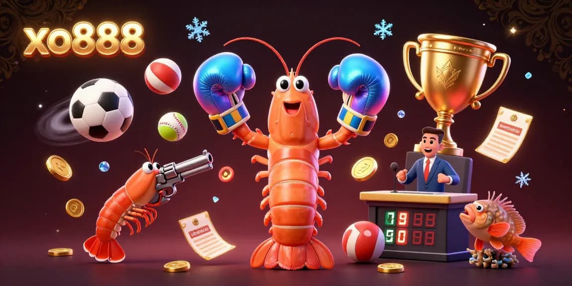 Experience excitement with xo888 as a dynamic scene featuring a boxing mantis shrimp, sports elements, and vibrant backgrounds.
