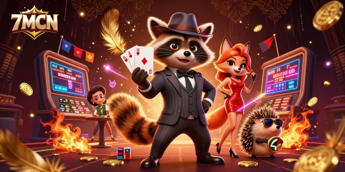 Engage in thrilling sports betting with 7MCN as the raccoon and fox showcase a royal flush in a vibrant arena.