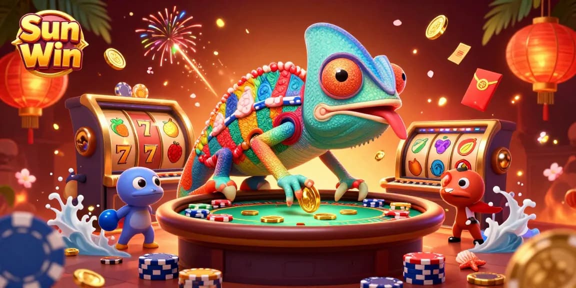Engage with Sun Win's casino world featuring a vibrant chameleon owner surrounded by slots and festive decorations.