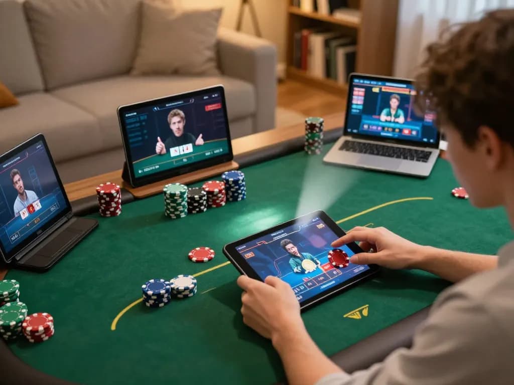 Engaging in live poker gaming on a tablet at home, showcasing 789WIN's interactive features.