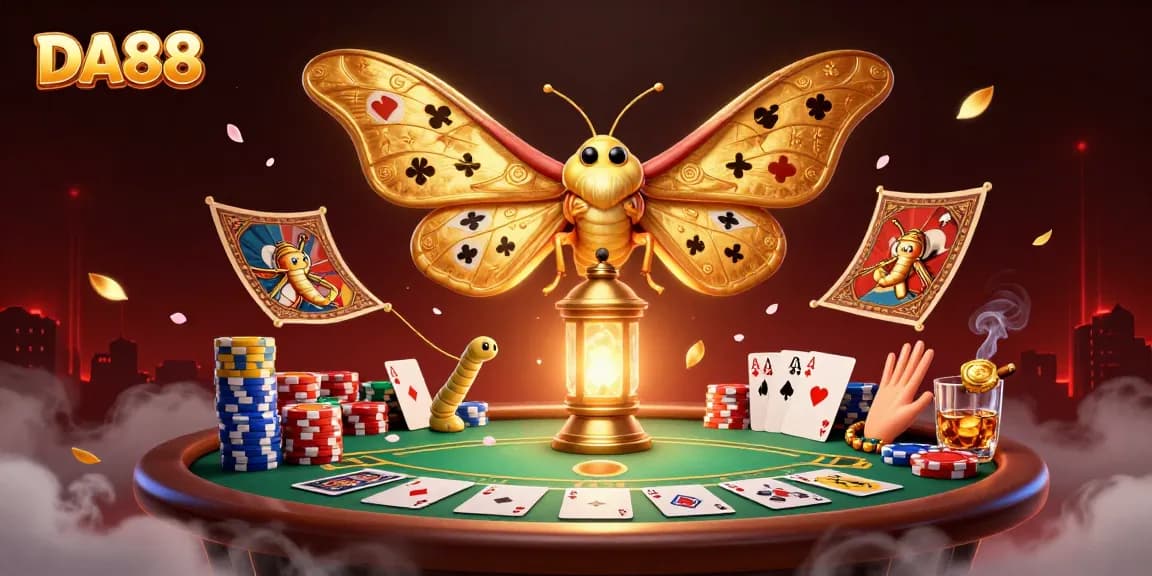 Engage in exciting DA88 gameplay featuring majestic moths and rich casino elements.