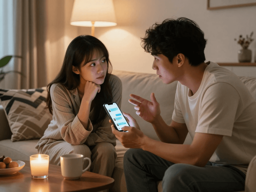 Engaged couple using sex ai chat on smartphone in cozy living room setting.