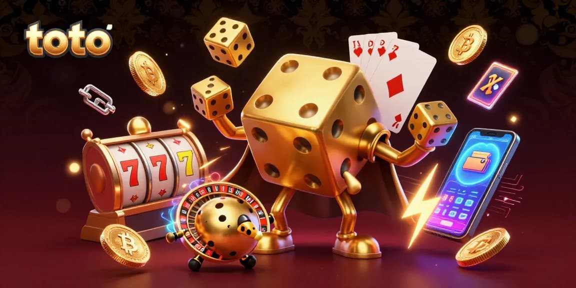 Toto 3D cartoon illustration showcasing a golden dice golem juggling while immersed in vibrant casino elements.