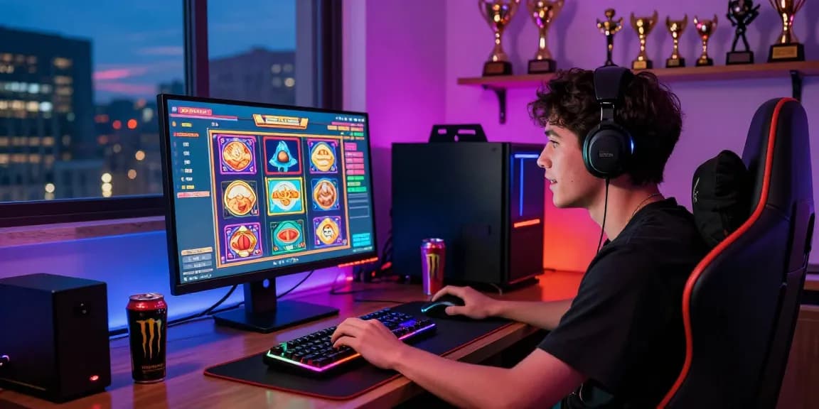Pengalaman bermain Super59 di komputer dengan suasana gaming menarik dan aksesori modern.