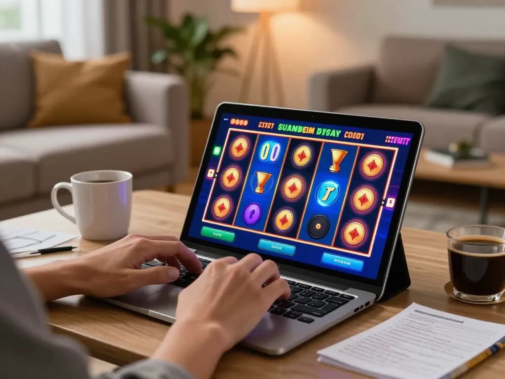 Engaged player spinning online slot reels on a tablet, surrounded by strategy notes and coffee mug