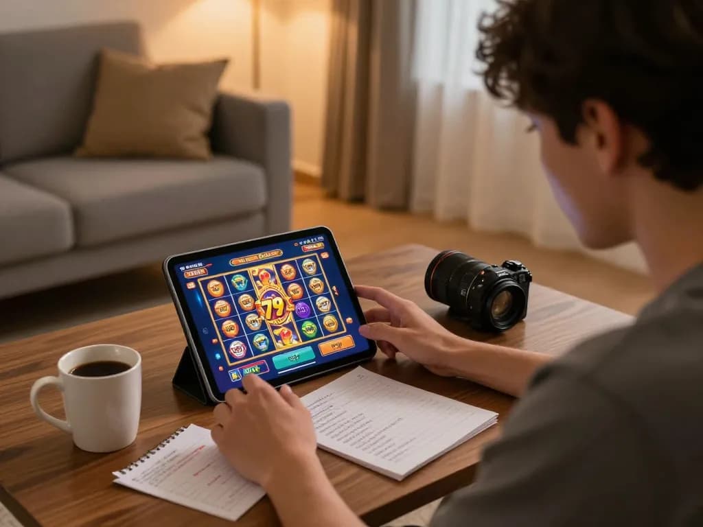 Nổ hũ 79king gameplay on tablet, illustrating strategic online gambling in a cozy home setting.