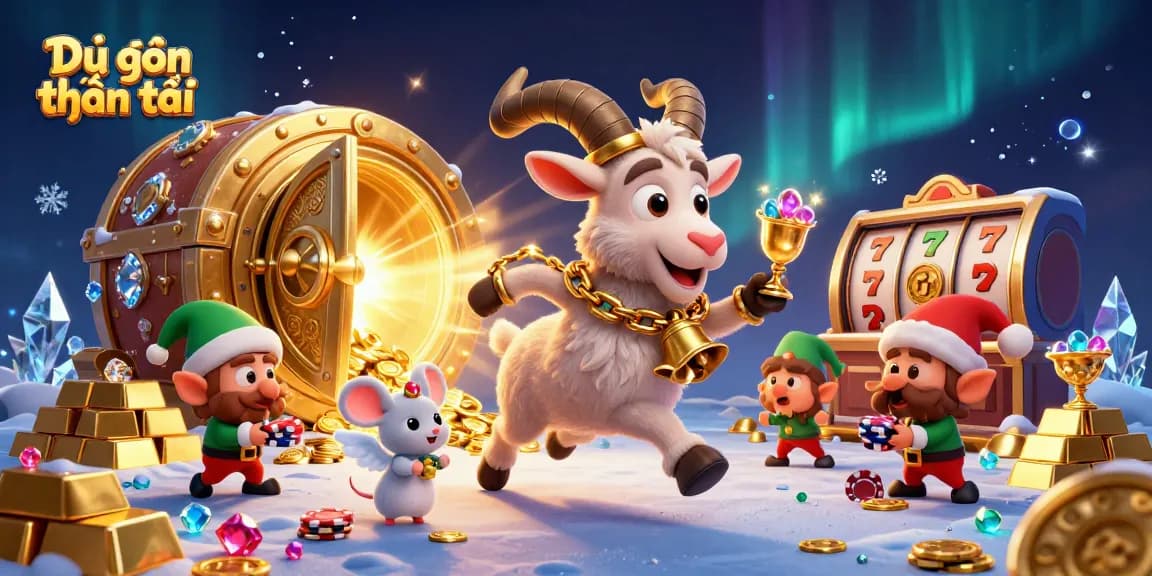 Engage in Dự đoán thần tài today with vivid 3D casino illustration featuring playful characters and luxurious treasures.