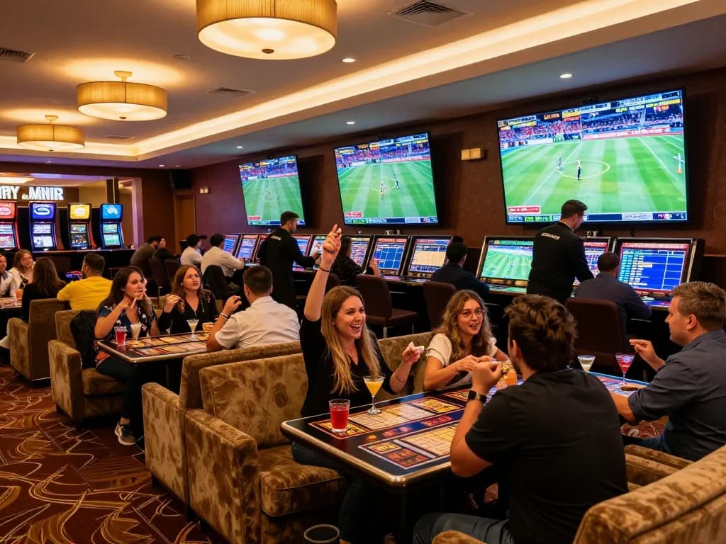 CM88 sports bettors enjoying live matches in a trendy casino lounge