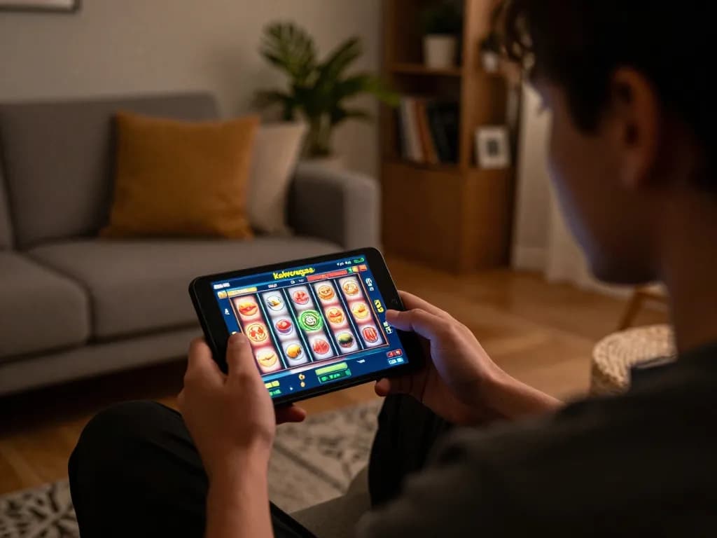 Koinvegas slot mobile player engaged in dynamic gameplay at home, showcasing a thrilling online slot experience.