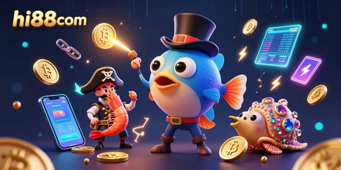 Win big with hi88com in this vibrant casino-themed 3D illustration featuring engaging aquatic characters.