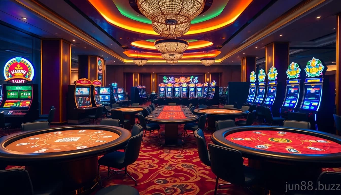 Gamblers enjoying a lively casino atmosphere at jun88.buzz with vibrant tables and slot machines.