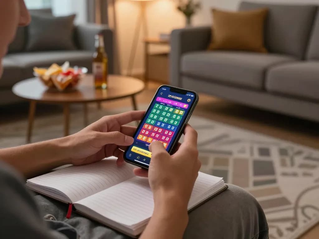 Engaging player using smartphone for lô đề online betting with warm home ambiance