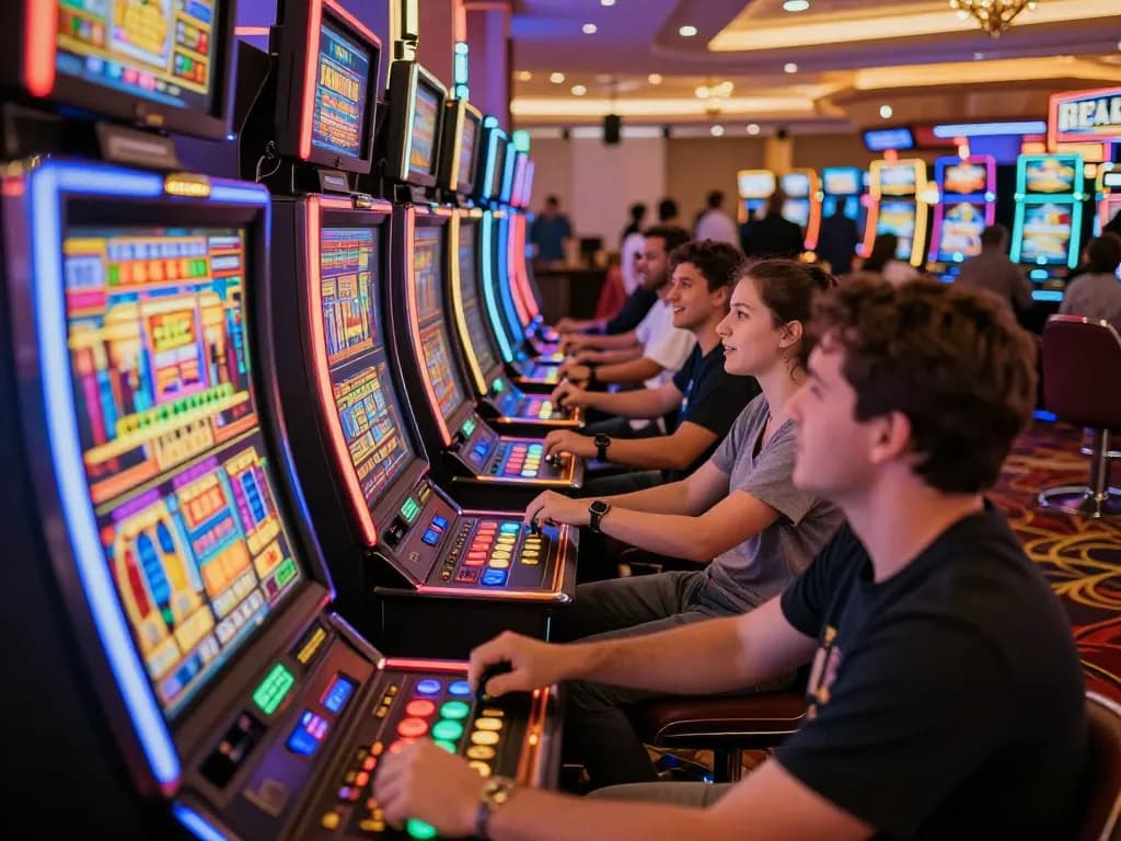 Players enjoy exciting slot games at vibrant casino machines with neon lights