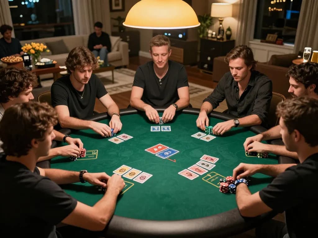 Một nhóm người chơi tham gia vào một trò chơi poker với mức cược cao tại nhà, thể hiện lối chơi chiến lược trong môi trường sống động của 12bet