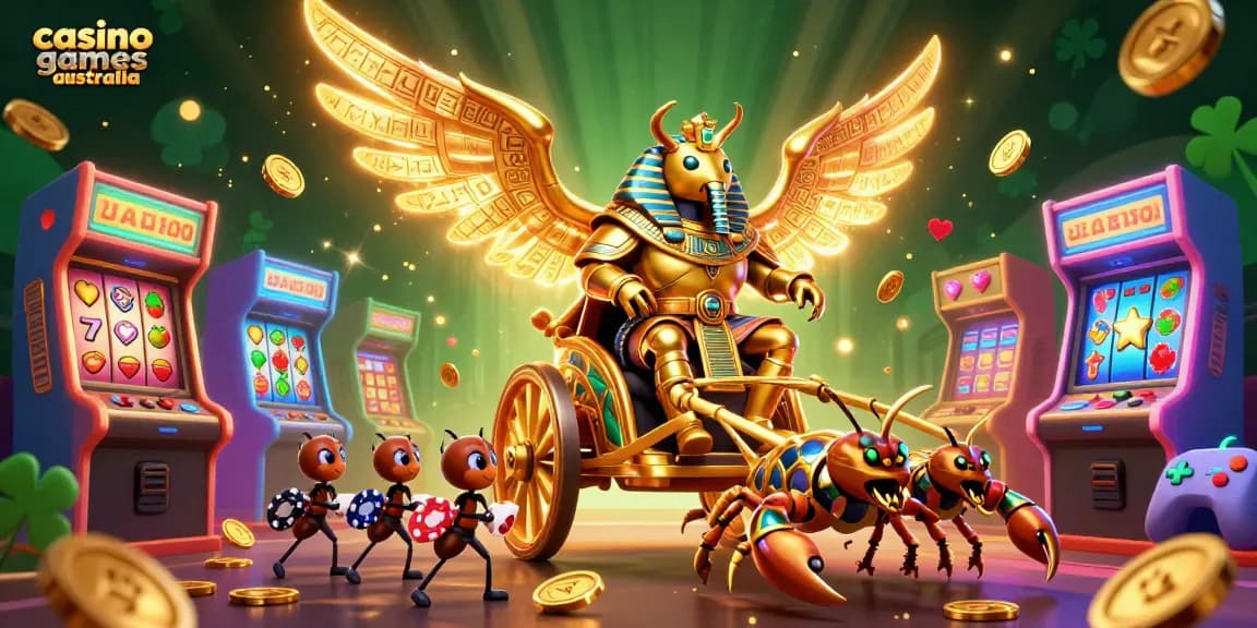 Play exciting casino games in Australia with vibrant 3D illustration showcasing vibrant characters and golden elements.