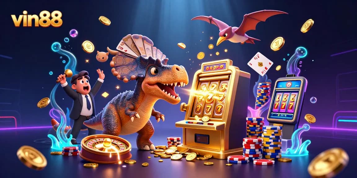 Vin88 garners jackpots as a pachycephalosaurus interacts with a golden slot machine amidst cascading coins.