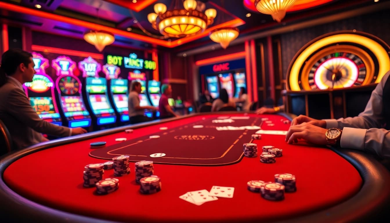 Experience the excitement at S8 casino with poker chips and a vibrant gaming table.