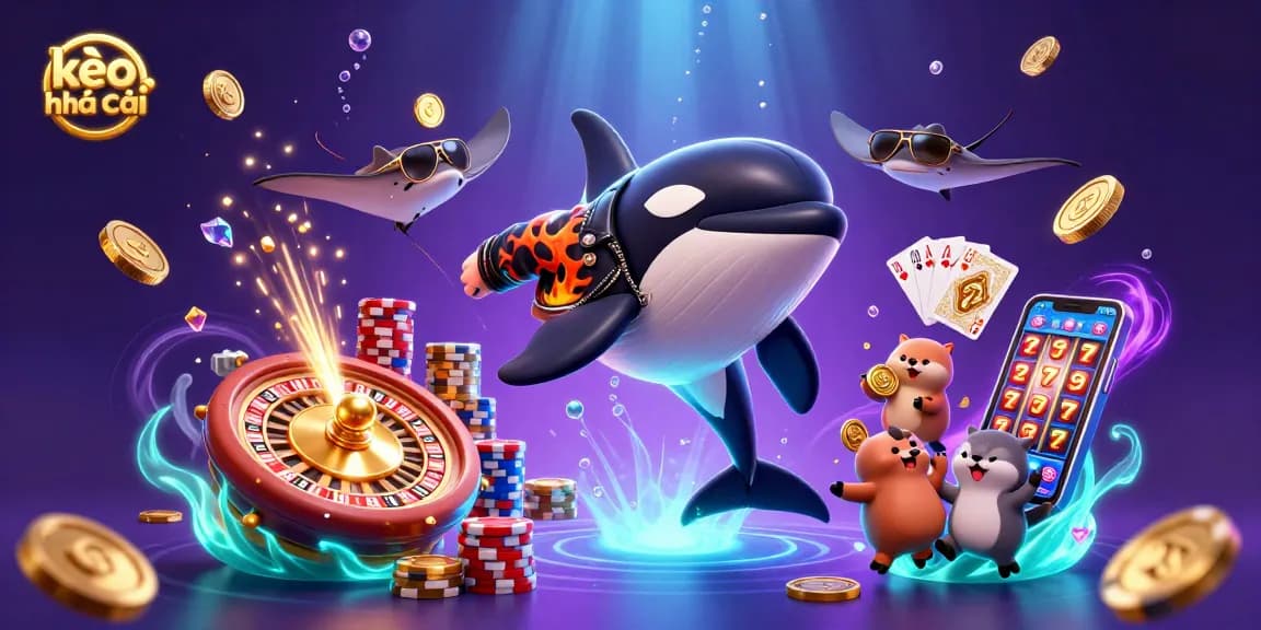 Experience kèo nhà cái thrills with an orca, stingray, and otters in a vibrant casino scene.