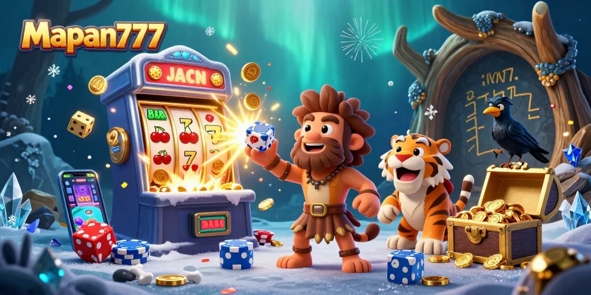 Experience big wins with Mapan777 at a vibrant prehistoric casino featuring a caveman and a sabertooth tiger.