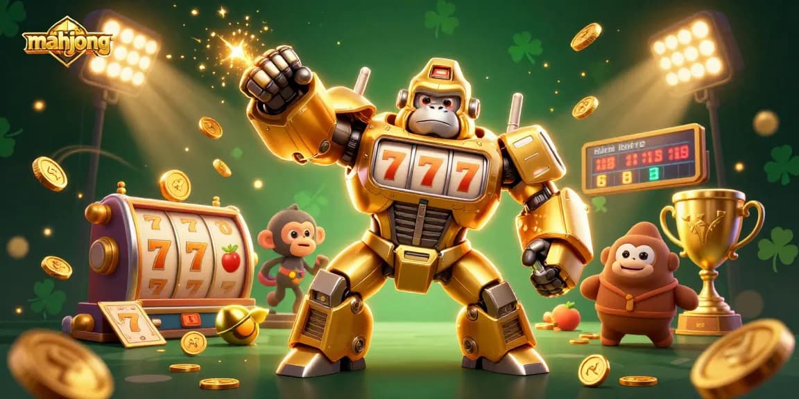 Engage in mahjong action with a dynamic gorilla mech and striking slot elements.