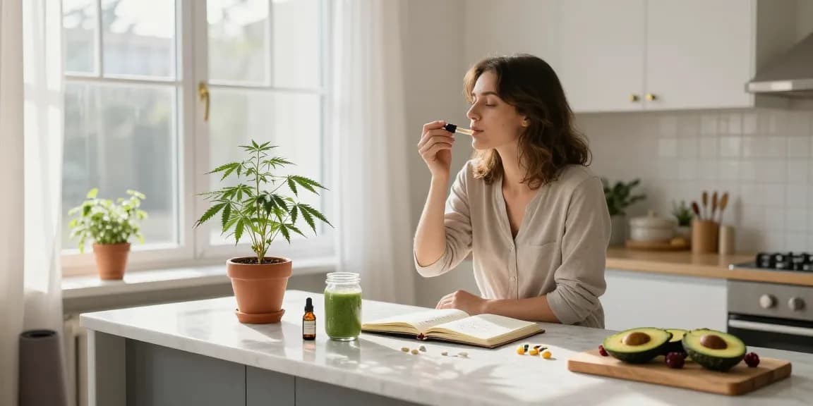 Ministry of Cannabis: Hochwertiges CBD-Öl für natürliche Wellness, orangefarbene Flasche, Hanfpflanzen und Vitamine im Bild.