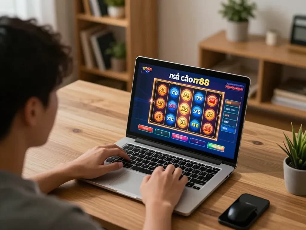 Player engaging with the nhà cái rr88 online gambling platform in a cozy home office setting, laptop displaying vibrant slot game.