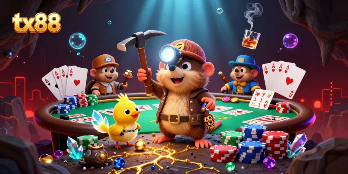 tx88 highlights casino excitement with a thrilling scene of a treasure hunter mole and poker elements.