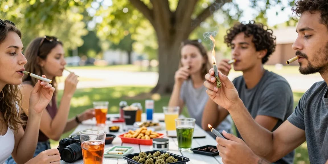 Friends enjoying pre rolled joints online in a sunny outdoor setting, showcasing cannabis products and camaraderie.