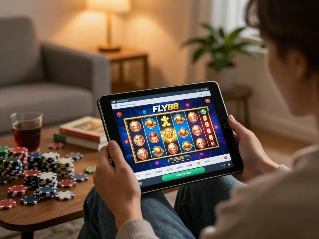 Engaging in online gaming with FLY88 casino app on tablet, showcasing vibrant slot games.