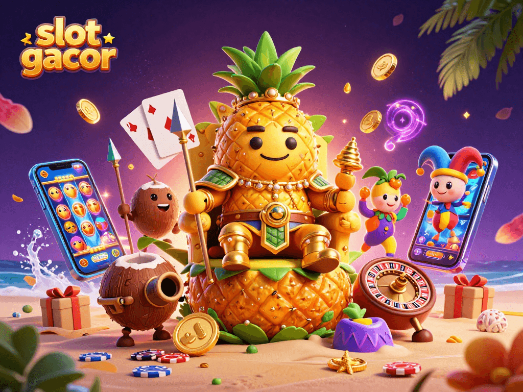 Engage with slot gacor on an adventurous beach casino with vibrant characters and slot games.