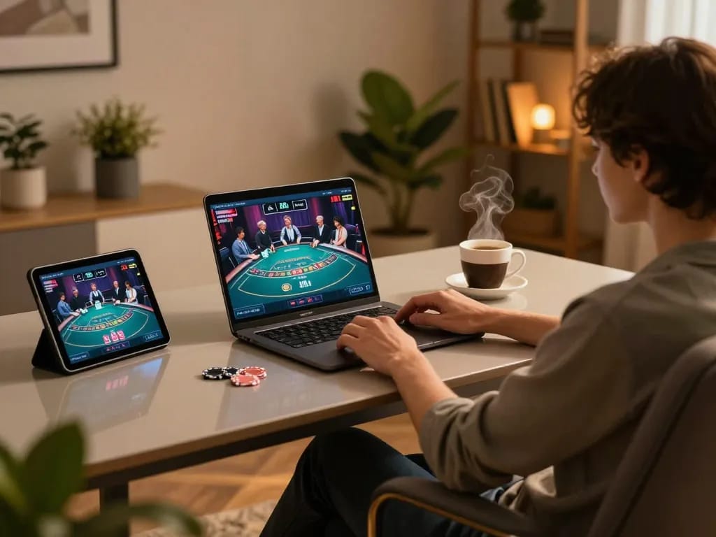 Engaged player using 99win com for online poker, highlighting comfortable home gaming setup and strategic gameplay.