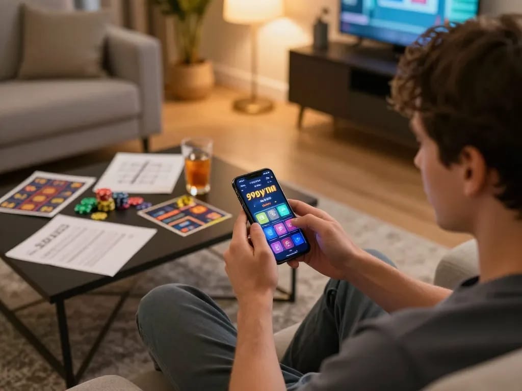 Player enjoying 99win mobile gaming experience on smartphone with cozy home setup