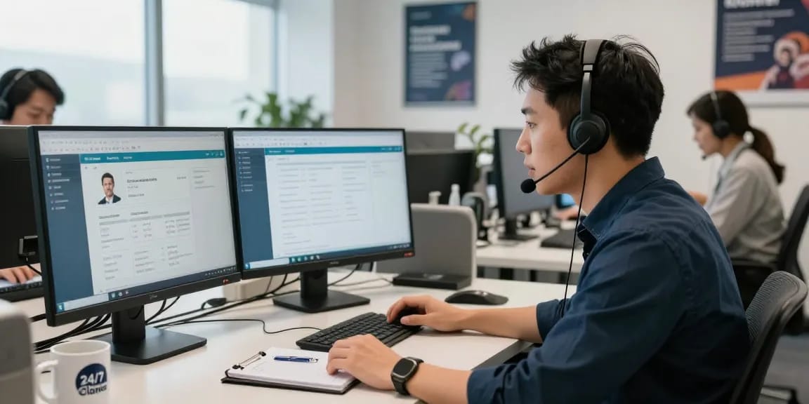 24/7 Clones customer service representative assisting clients in a modern call center.