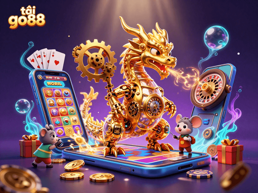 Engage with tải go88 through a vibrant casino scene featuring a golden dragon, rotating slots, and golden coins.