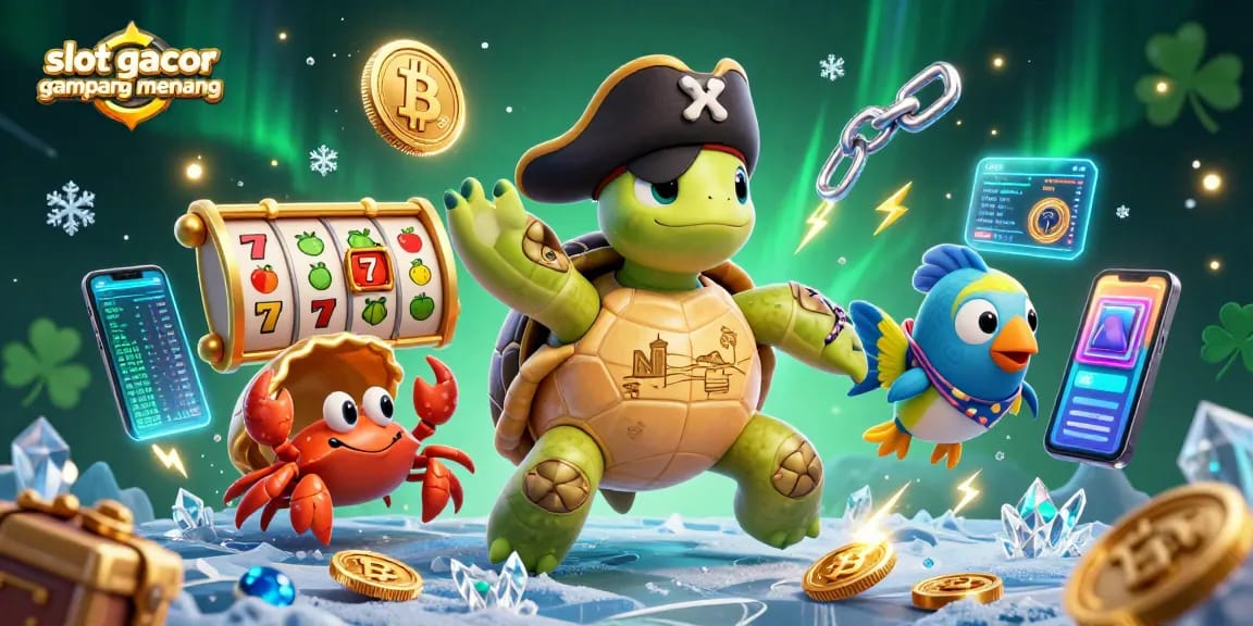 Slot gacor gampang menang dengan karakter hewan laut berwarna cerah bermain di atas harta karun, menampilkan elemen slot yang menarik