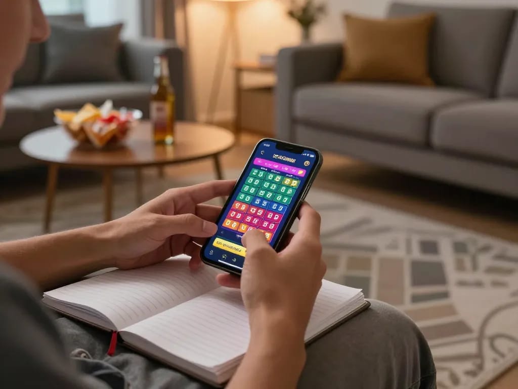 Engaging player using smartphone for lô đề online betting with warm home ambiance