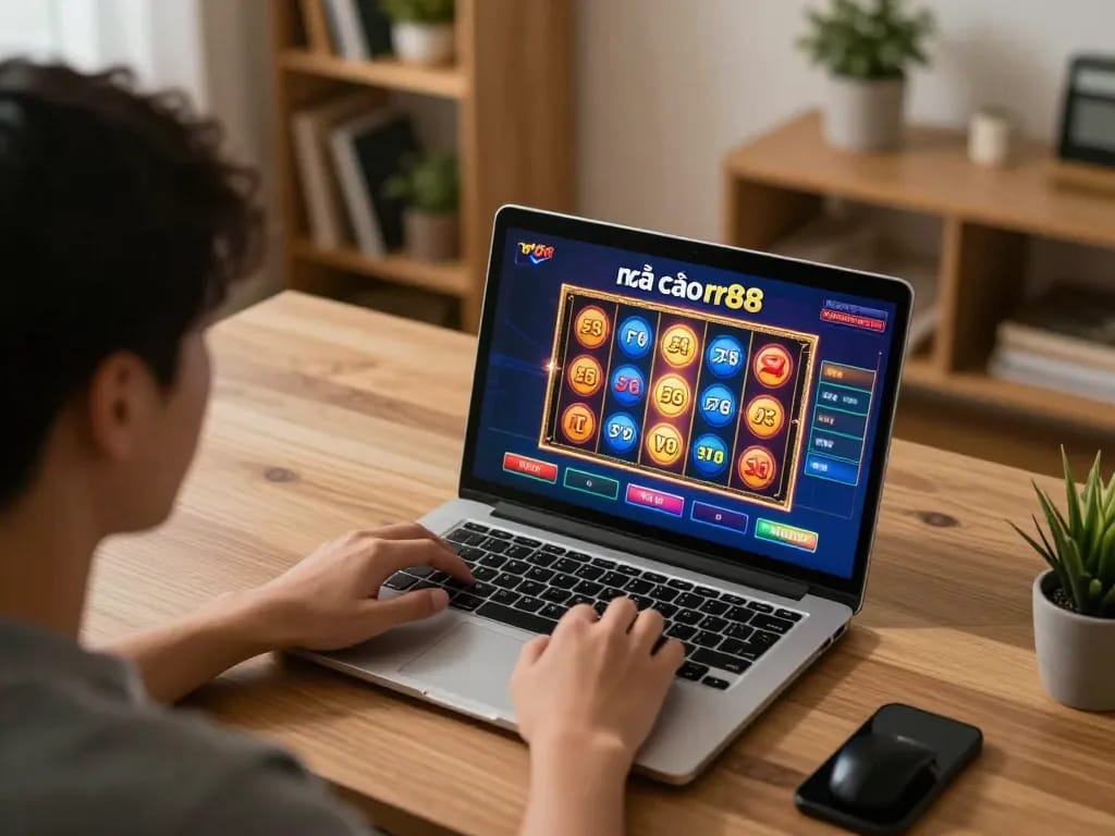 Player engaging with the nhà cái rr88 online gambling platform in a cozy home office setting, laptop displaying vibrant slot game.