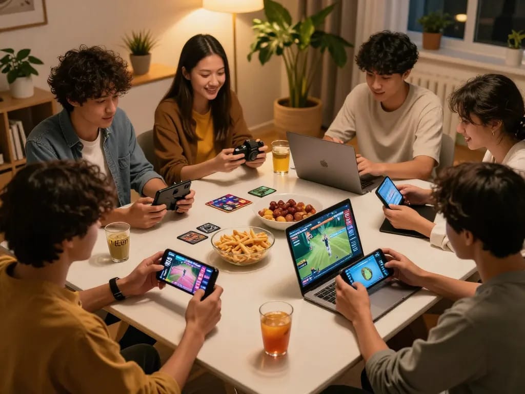 Engaging friends playing NSFW games in a cozy home setting, showcasing lively gameplay.