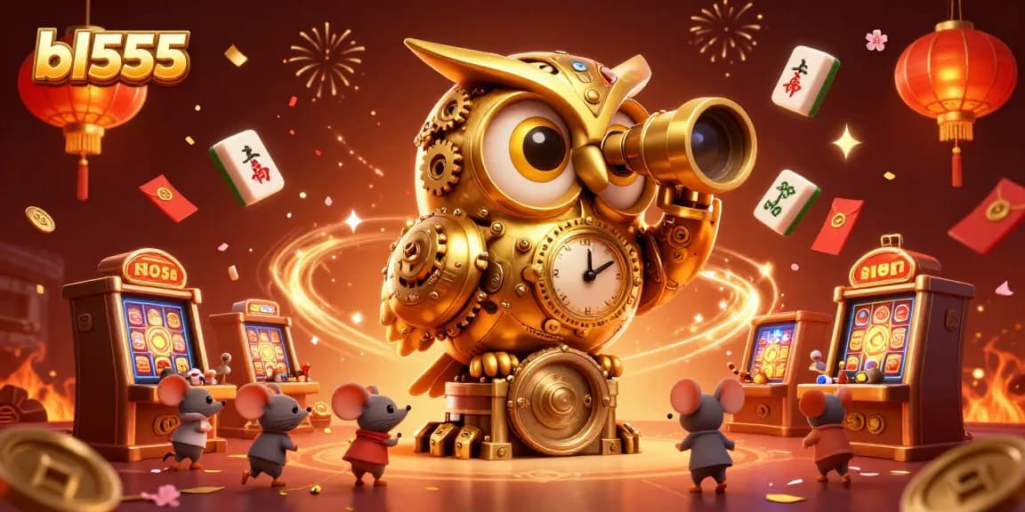 Experience thrilling games at bl555 with golden owl and festive casino elements!